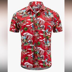 NWOT Large ENVMENST Christmas Button Up Men Short Sleeve Hawaiian Santa Shirt